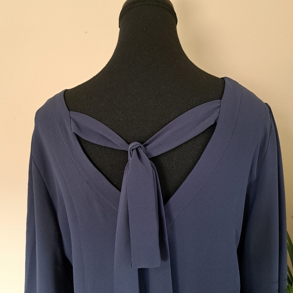 Loft Blouse Tie Back Blue Women's Small V-neck Long Sleeved Gathered Shoulder - Picture 8 of 16